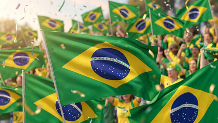 Naklejka premium brazil football fans waving flags at stadium celebration for patriotic team support sports culture tournament victory crowd atmosphere and civic pride