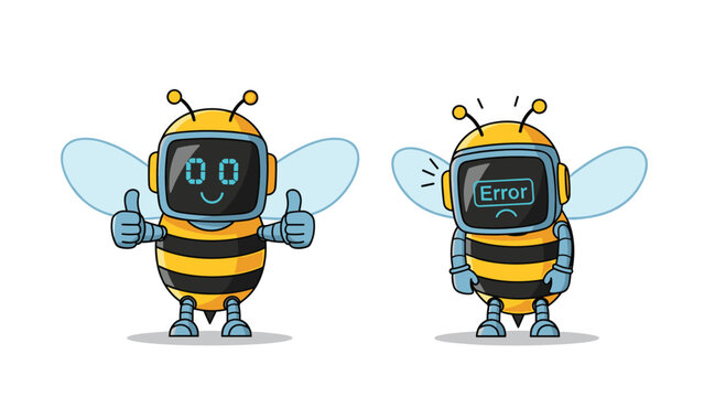 Pair of industrious bee robots with screen faces showing one happy and successful while the other displays an error message.