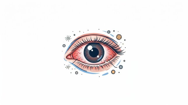 Crisp flat illustration of inflamed conjunctiva with focused bloodshot eye and allergy irritants featuring subtle blue accents on a bright white canvas ideal for medical