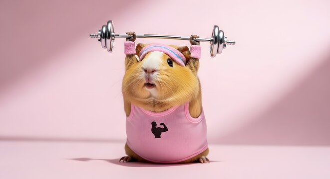 Funny Guinea Pig Lifting Tiny Barbell In Sports Outfit Representing Fitness Training Exercise Motivation And Healthy Lifestyle Concept