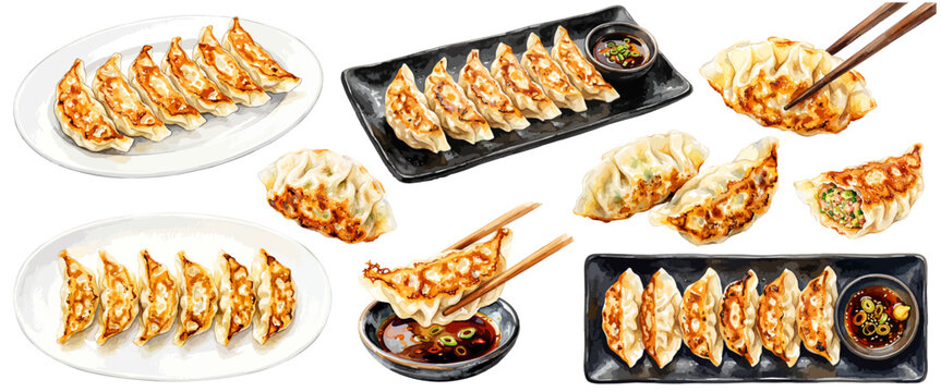 焼き餃子のイラストセット,水彩風のギョーザと中華タレ,ラーメン店や居酒屋のメニュー素材集,手描きフードベクター