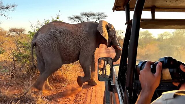 Tourist photographing elephant on safari trip in African savanna, wildlife adventure