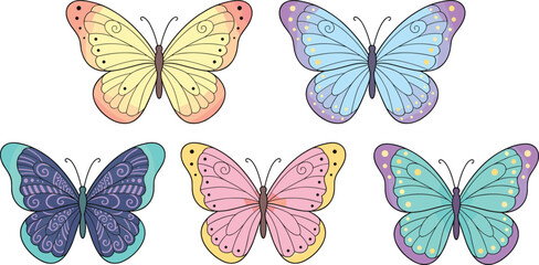 Fototapeta premium Butterfly icon illustrations with colorful wings, decorative patterns, delicate antennae, and vector design concepts