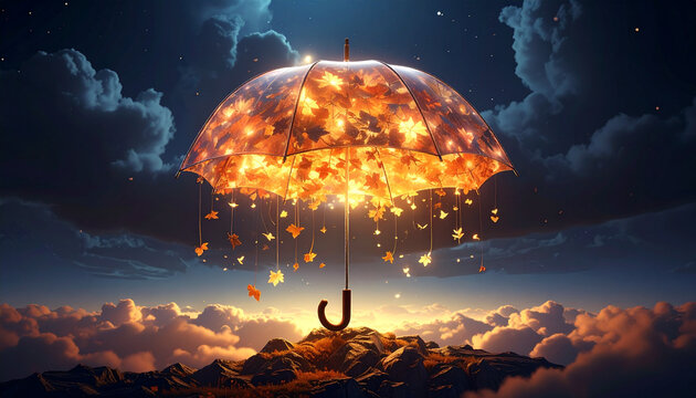 Orange leaves falling from colorful umbrella in cloudy sky at sunset