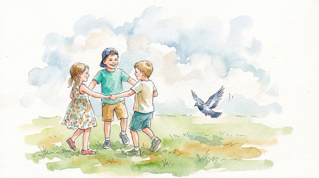 Three children holding hands while playing in a sunny field - Concept of watercolor sketch kids  