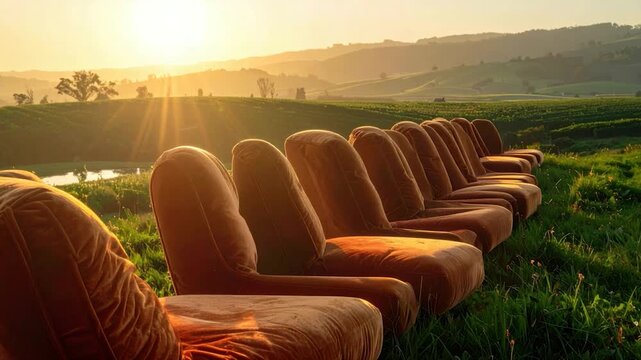A row of velvet chairs faces a scenic sunset over rolling hills and green pastures