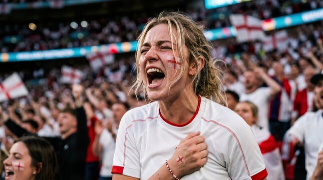 Ecstatic England football fan screaming and celebrating victory at a crowded stadium match