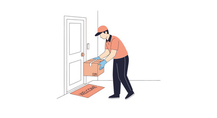 Fototapeta premium Delivery man placing package on doormat at front door, contactless delivery concept