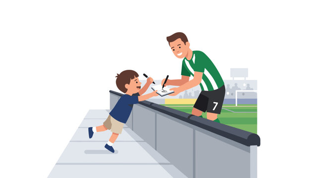 Young fan excitedly gets autograph from soccer player on field stadium during match excitement and joy
