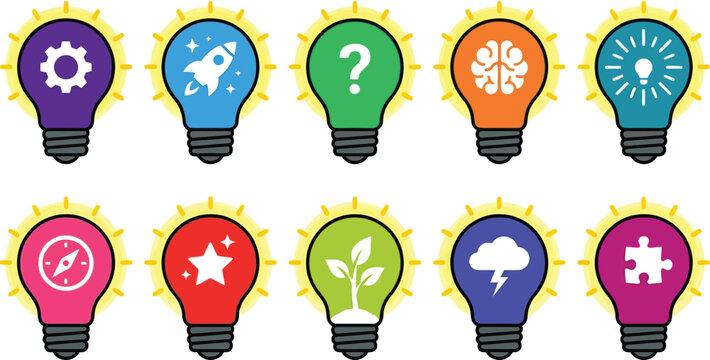 Set of ten colorful shining light bulbs with various concept icons inside, symbolizing new ideas and innovation.