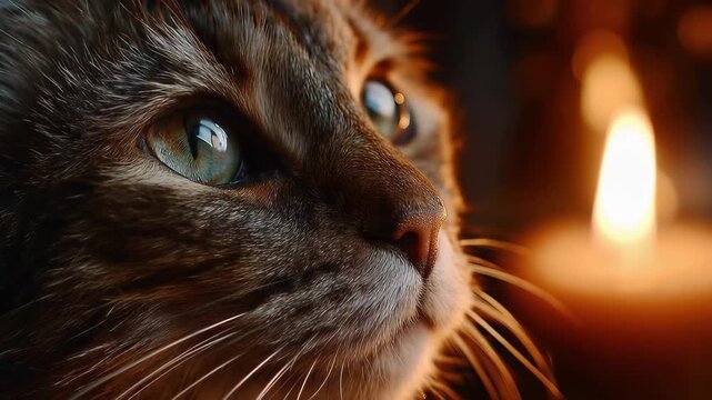 Cat gazes at flickering candle light in a cozy room during the evening hours