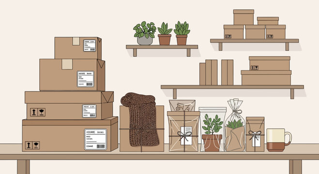 Handmade Gifts and Plants Packaged for Shipping, Ready for Delivery