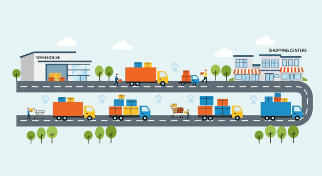 Logistics and delivery network: warehouse to shopping centers, trucks transport goods