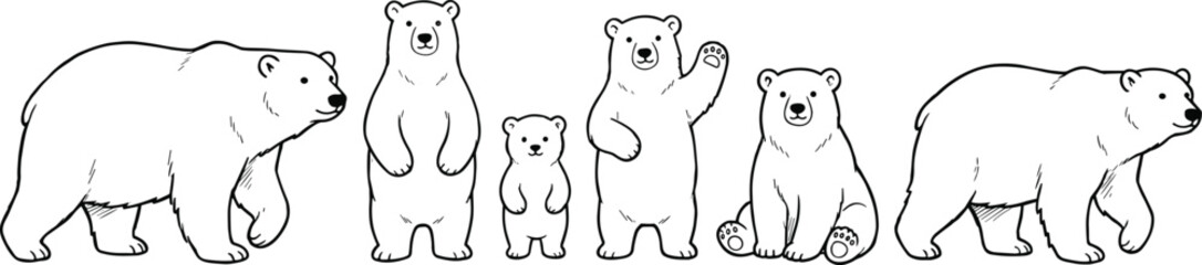 Obraz premium Polar bear icon illustrations with family group poses, waving gestures, sitting postures, and clean vector design concepts