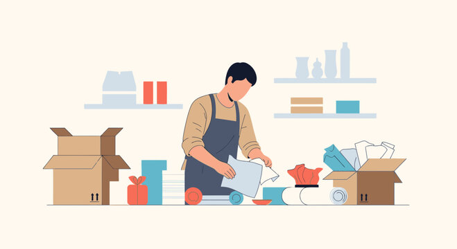 Man packing boxes with household items, preparing for relocation or shipping