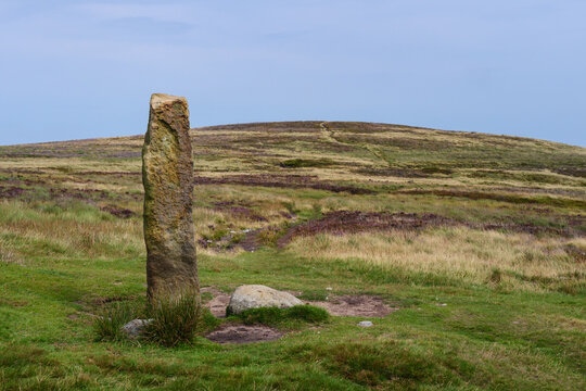 Churn Milk Joan on Midgley moor near Hebden Bridge , a standing stone surrounded by moorland west yorkshire landscape