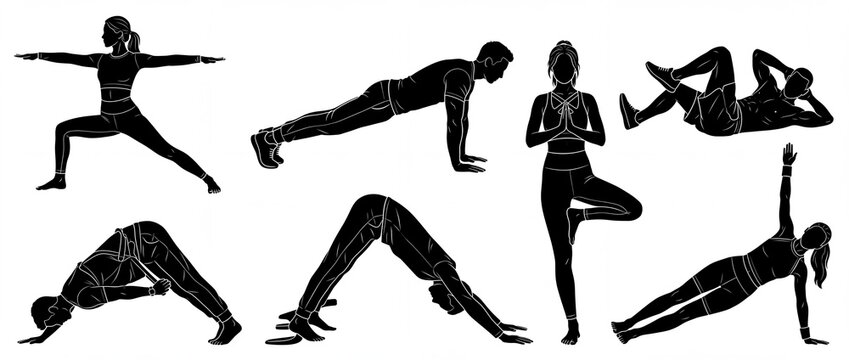 Yoga fitness silhouettes vector set of diverse people practicing poses and exercises for health, wellness, strength, and flexibility, featuring men and women in minimal graphic black and white design.