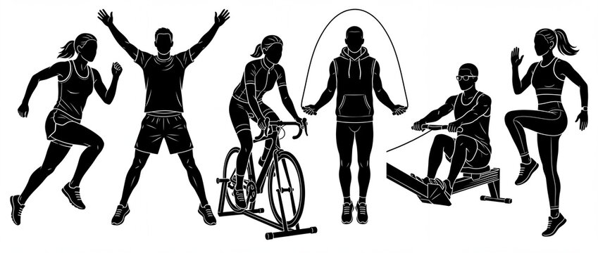 Fitness silhouettes people exercising set, athlete workout silhouettes training running, cycling, rowing, jumping rope, and aerobics vector graphics collection for healthy active lifestyle gym design.