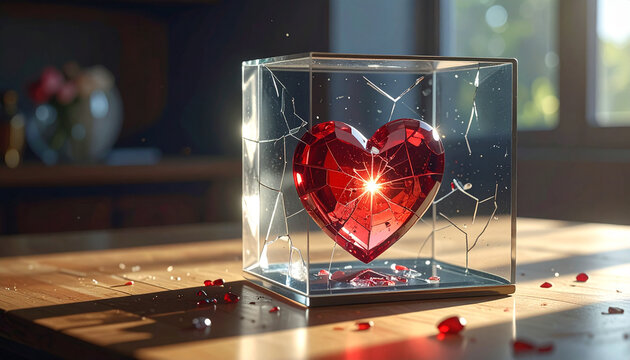 Broken heart in glass box on wooden table with rose petals