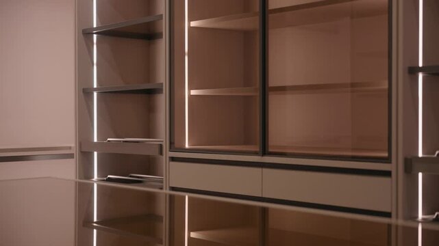 Modern closet with glossy surfaces and built in shelves, soft lighting highlights clean lines and symmetry. Warm beige tones create calm and elegant atmosphere