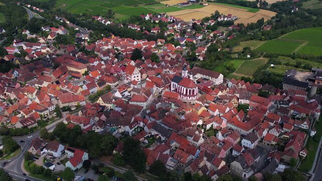  An Aerial view around the old town beside the city Dettelbach in south Germany on a sunny spring day