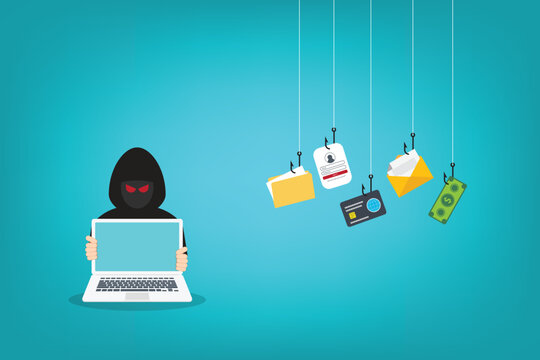 Hacker with laptop computer stealing confidential data, personal information and credit card detail. Hacking concept.	