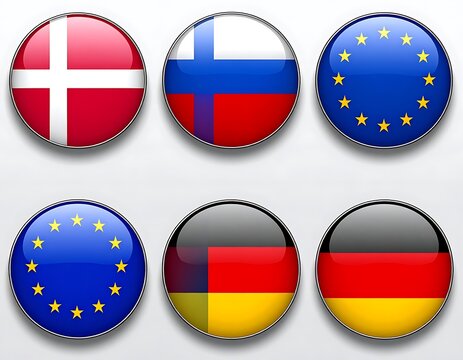 A collection of six shiny circular icons representing various country flags