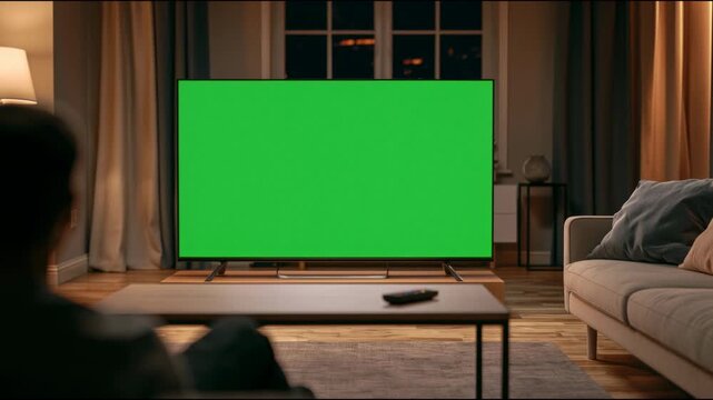 Person watching green screen television in cozy living room