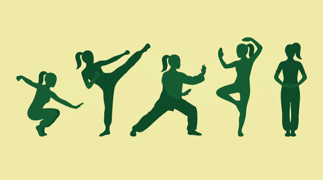 Female silhouettes depicting various fitness, martial arts, and yoga poses