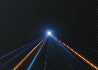 Fototapeta na wymiar Bright light point with long blue and golden rays on a dark background. Vector laser beam effect for stage lighting, motion, perspective and sci-fi designs.
