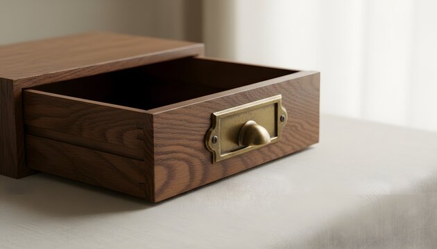 An empty open wooden card catalog drawer sitting on a white table for storage organization memory loss or missing information concept with soft minimalist natural lighting