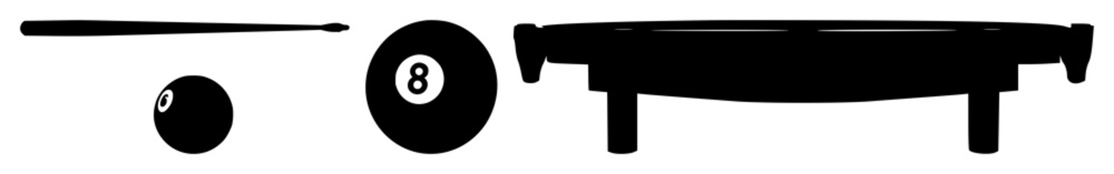 Billiard set with bold black silhouette on white background featuring billiard ball, cue stick, minimalist line art with black and white and silhouette style