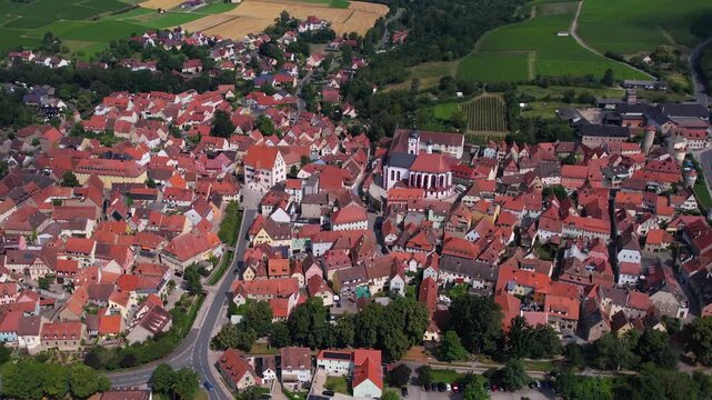  An Aerial view around the old town beside the city Dettelbach in south Germany on a sunny spring day