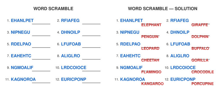Word Scramble Puzzle. Animals Vocabulary unscramble activity with solution. Printable worksheet for kids.