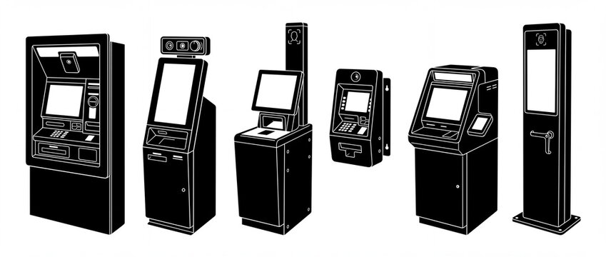 ATM terminal kiosk machine set black white silhouette vector icons for self-service payment, banking transactional cashier, interactive information screens, ticketing, biometric scanners technologies
