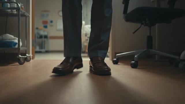 A person wearing grey trousers and brown leather loafers walks into a bright, modern hospital room. The camera angle is low, capturing the steady movement across the wood-patterned floor.