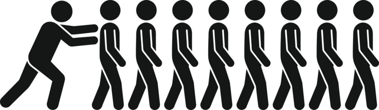A black silhouette icon depicting a person pushing a long queue of people in a line.