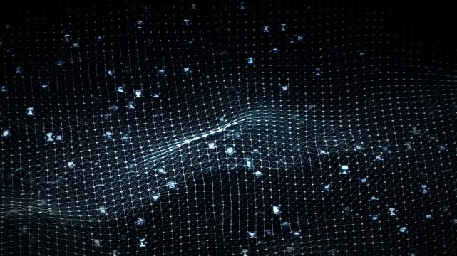 Dynamic waves of digital dots forming a futuristic network landscape