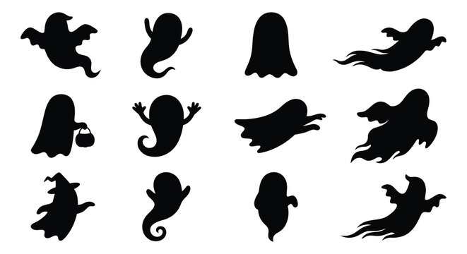 ghost shapes in silhouette style black white background spooky halloween
