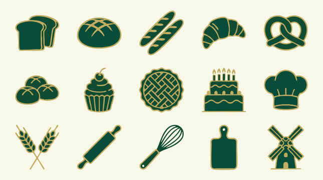 Flat design baking and bakery icons collection on light background
