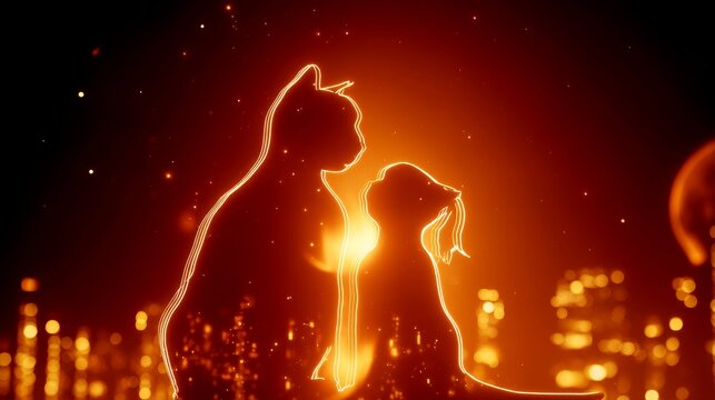 Glowing cat silhouettes stand amidst bright fire sparks and flames. Magical cat figures shine with warm orange light in burning environment. Brave cat characters face intense fire glow.