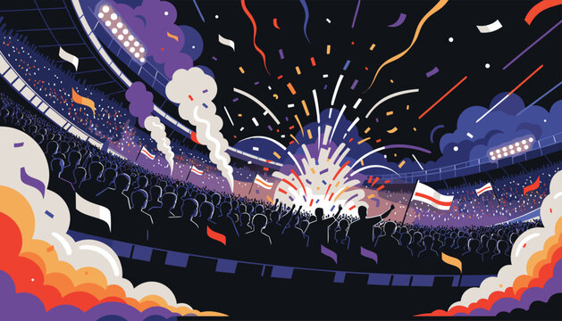 Celebration at a stadium with fireworks and cheering crowd