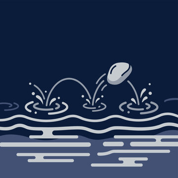 Stone skipping across water surface with splashes and ripples