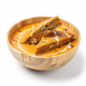 Paneer Pasanda in Bamboo Bowl Isolated on White Background Square Composition Studio Shot