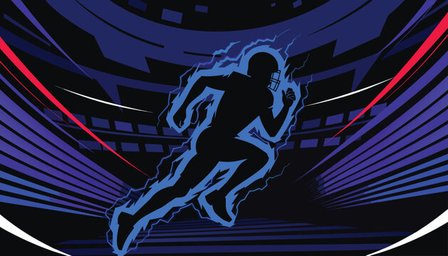 Dynamic football player silhouette with lightning and stadium background