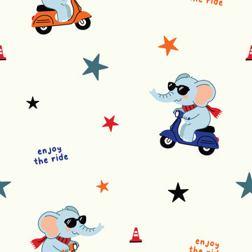 Seamless pattern with cute elephants riding scooters and stars