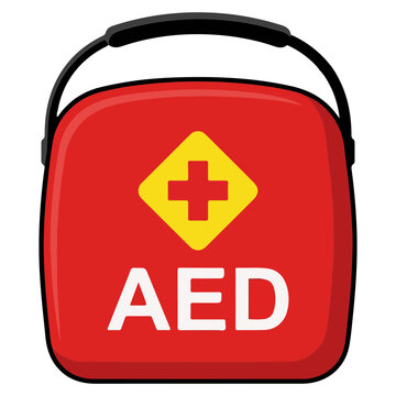 Red aed defibrillator case with yellow cross first aid