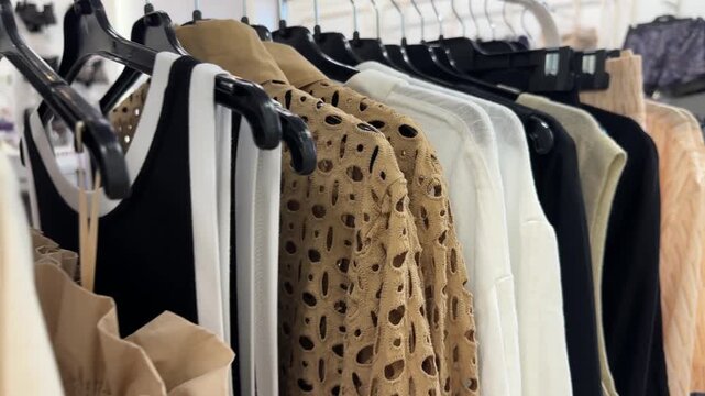 Close-up of fashionable clothes on hangers in a store or boutique...