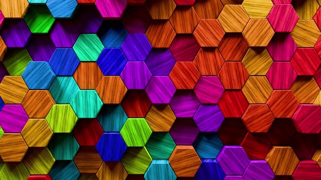 Abstract rainbow background of colorful wooden hexagons. A wall with a pattern of multicolored cubes. Bright multicolor 3D rendering. Colorful projection display of a moving cubic surface in 4k format