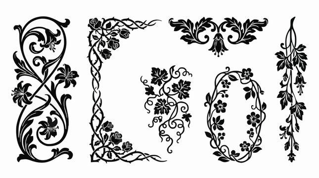 Elegant black silhouette vector illustration of luxury vine flourish ornaments, floral borders, rose corners, and decorative frames isolated on a white background.